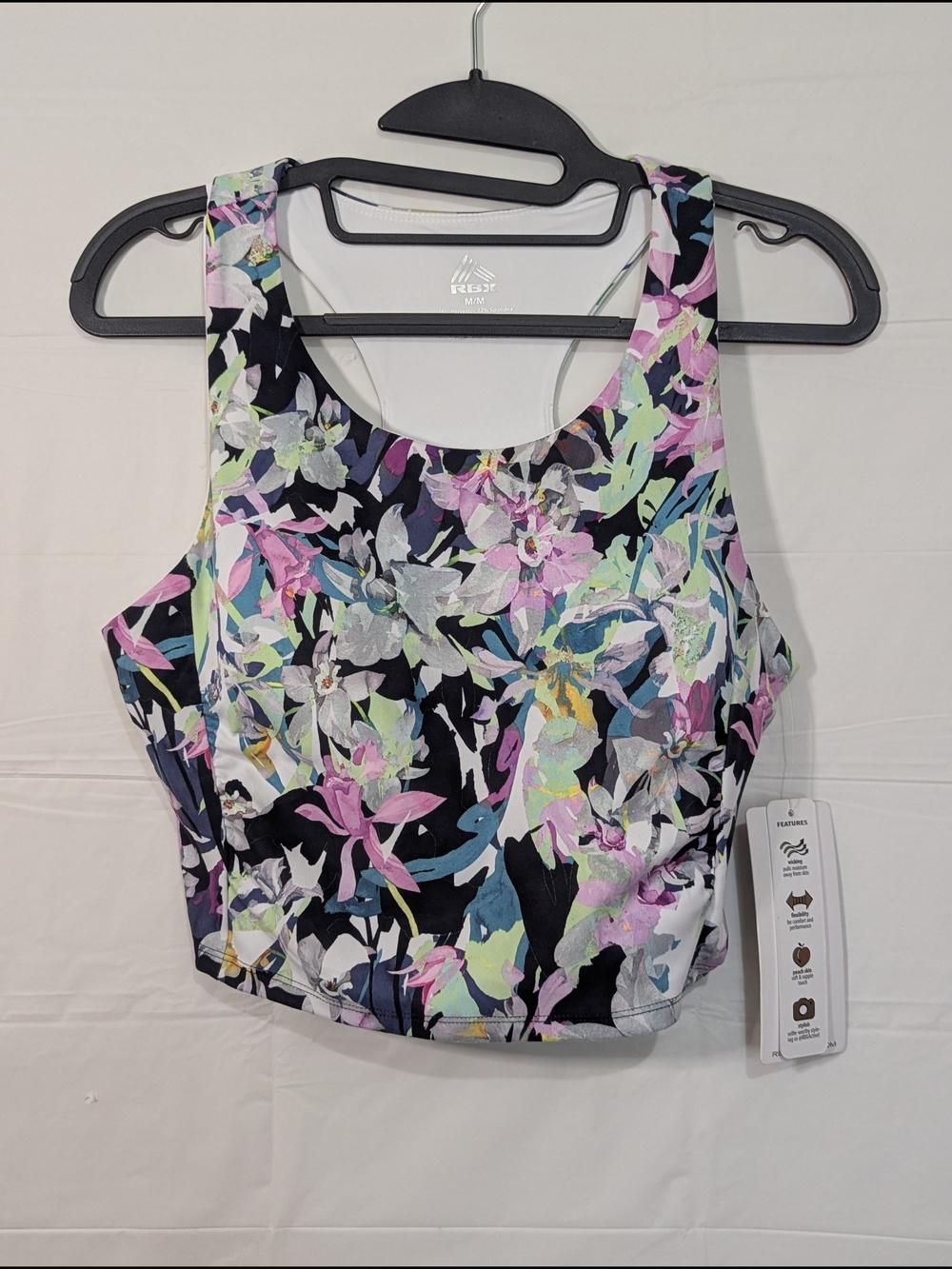 RBX Floral Sports Bra Crop Tank NWT Medium Padded Racerback Athletic Top
